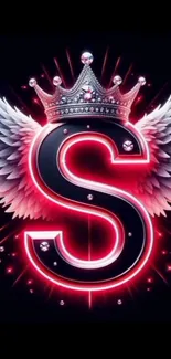 Neon letter S with crown and wings in a dazzling design.