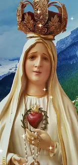 Crowned religious figure with sacred heart in mountain background.