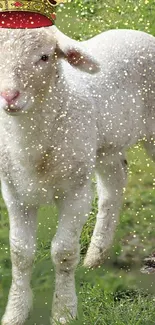 Lamb with crown and sparkles on green background.