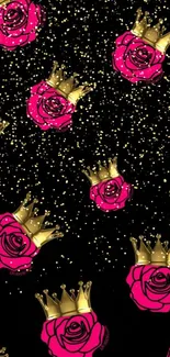 Elegant wallpaper with pink roses and gold crowns on a black background.