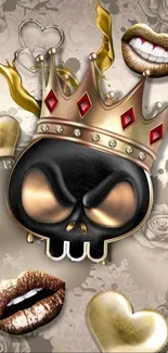 Crowned skull with roses and gold hearts on a stylish wallpaper.