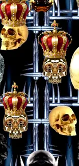 Golden skulls with crowns on dark background wallpaper.