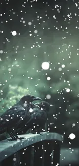 Crows perched on a snowy forest bridge with falling snow.