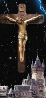 Gothic crucifix with a castle under a starry sky and lightning.