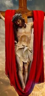 Crucifixion scene with a red cloth on a cross against a cloudy sky.