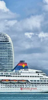 Cruise ship against a modern cityscape with blue sky.