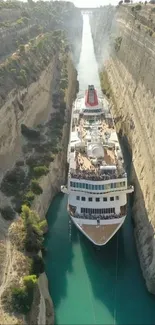 A cruise ship navigates through a stunning narrow canal between towering cliffs.