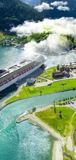 Cruise ship in fjord, lush greenery around.