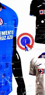 Cruz Azul jerseys in blue, black, and white with Cemento logo.