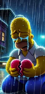 Cartoon character kneeling in rain, holding broken heart.