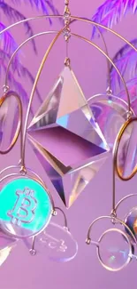 3D crypto art wallpaper with Ethereum and Bitcoin symbols on a purple background.