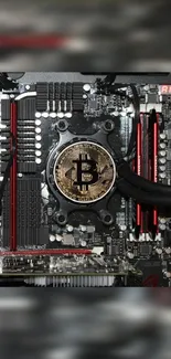 Bitcoin symbol on a motherboard circuit wallpaper.