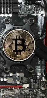 Bitcoin-themed motherboard wallpaper with black tones.