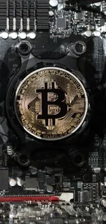 High-tech Bitcoin-themed wallpaper with circuit board elements.