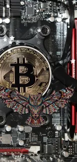 Bitcoin and owl on computer circuit board wallpaper.