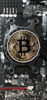 Bitcoin symbol on a processor in a tech-themed wallpaper.