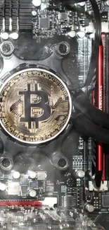 Bitcoin logo on circuit-themed motherboard design.