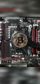 Intricate motherboard design with Bitcoin logo at the center.