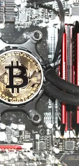 Bitcoin symbol on tech circuit motherboard wallpaper.