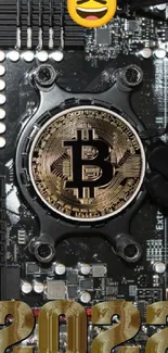 Bitcoin logo on a motherboard with tech components and 2022 text.