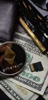 Ethereum coin, wallet, and graphics card with cash in a tech setup.