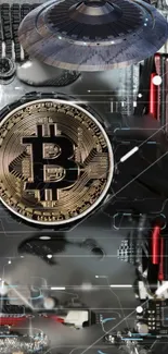 Bitcoin symbol on a futuristic tech background wallpaper.