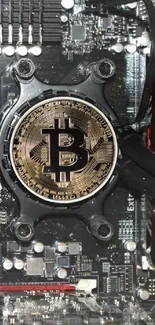 Bitcoin emblem on a high-tech motherboard with red accents.