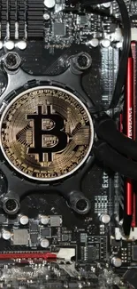 Bitcoin logo on high-tech circuit board wallpaper.