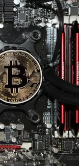 Bitcoin emblem on a high-tech motherboard wallpaper.