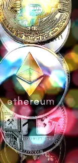 Colorful digital art of cryptocurrency coins with a bokeh background.