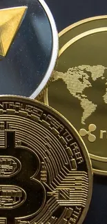 Mobile wallpaper with gold cryptocurrency coins.