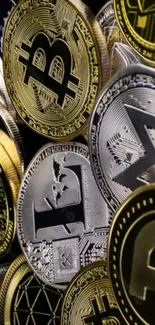 A collection of cryptocurrency coins in gold and silver.