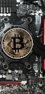 Bitcoin emblem on a computer circuit board, detailed electronic design.
