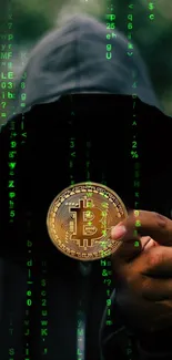 Hooded figure holding a Bitcoin with matrix-style green code background.