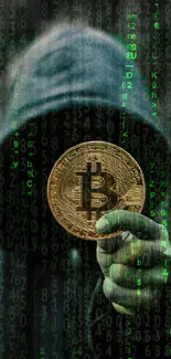 Mysterious hooded figure holding Bitcoin in a dark digital background.