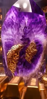 Vibrant purple crystal surrounded by gold bars.