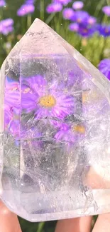 Clear crystal reflecting vibrant purple flowers in nature.