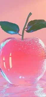 Crystal apple with green leaves on pink background wallpaper.