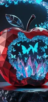 A crystallized apple with blue butterflies and crystals.