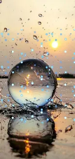 Crystal ball reflecting sunset and splashing water.