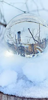 Crystal ball reflecting winter forest, surrounded by snow.