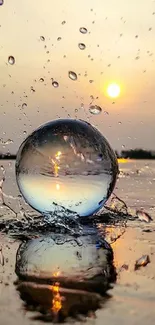 Crystal ball capturing a vibrant sunset and water splash on a serene lake surface.