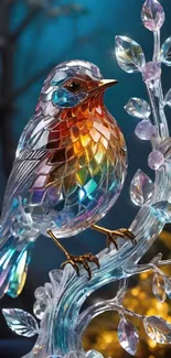 Colorful crystal bird on branch, blue background.