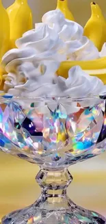 Artistic crystal bowl with bananas and cream, vibrant and colorful.