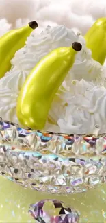 Artistic wallpaper with bananas and cream in a crystal bowl.