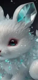 Fantasy crystal bunny with shimmering cyan gems and soft white fur.