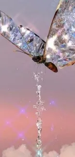 Crystal butterfly with pink sky and water cascade.