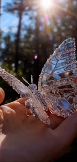 Crystal butterfly glistens in the sunlight, held gently in a hand.