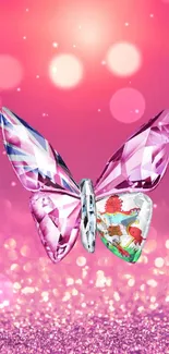 Crystal butterfly on pink sparkly background, perfect for mobile wallpaper.