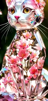 Crystal cat adorned with cherry blossoms in lush background.